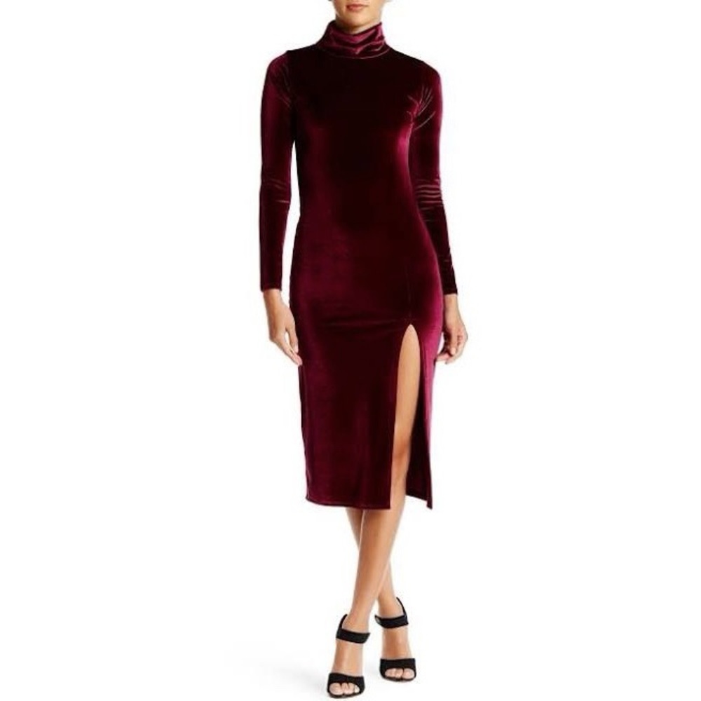 Rachel Pally Berry Velvet Alba Mock Neck Long Sleeve Midi Bodycon Dress Leg Slit